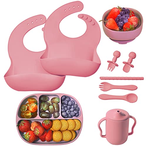 Image of MumEZ Silicone Baby Feeding Set, Baby Led Weaning Supplies, 2 Pcs Adjustable Silicone Bibs, Baby Plates and Bowls with Suction, Baby Spoons Forks, Sippy Cup, Eating Utensils for 6+ Months(Pink)