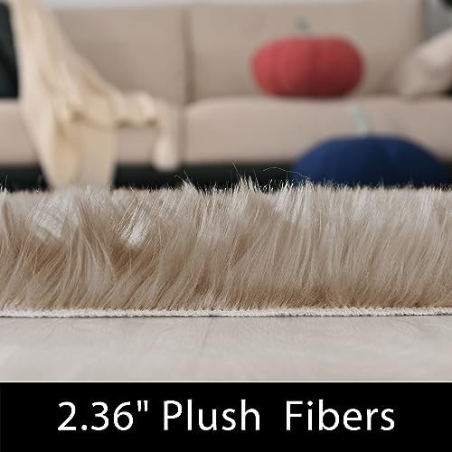 Latepis Light Brown Beige Living Room Rugs Faux Sheepskin Fur 5x7 Area Rugs for Bedroom Fluffy Washable Rug Large Plush Fuzzy Floor Rug Home Decor Rectangle