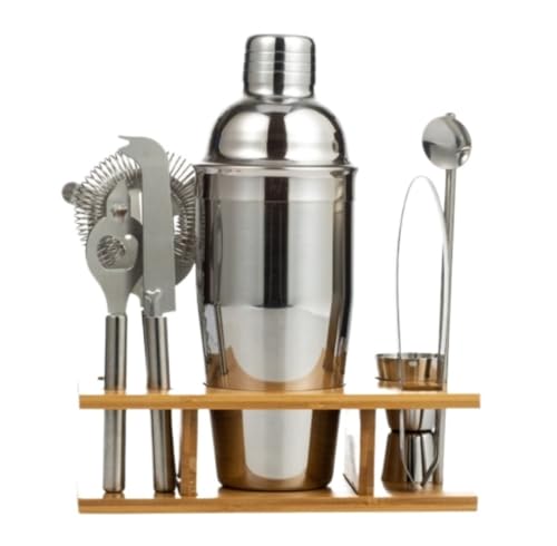 Juego Coctelera Coctelera Negra con Elegante Soporte De Bambú, Juego De Herramientas De Barra De 9 Piezas con Folleto De Recetas Cocktail Kit(750ml)