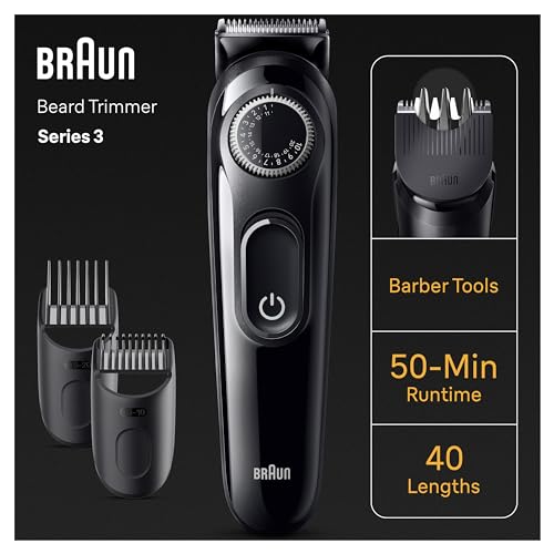 Braun Barttrimmer Series 3, Elektrischer Bartschneider Herren mit 3 Zubehörteile, Ultrascharfe...