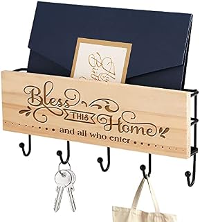 ANQIYI Wooden Key Holder for Wall, Wall Mounted Key Letter Racks with 5 Hooks, Key Hanger Organiser for Entryway, Hallway, Kitchen, Office