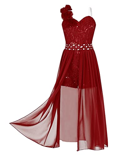 Duoremi Kids Girl's Romper Dress Flower Girl Formal Party Wedding Sweetheart One Shoulder Princess Dress Burgundy 14 Years #TOP1