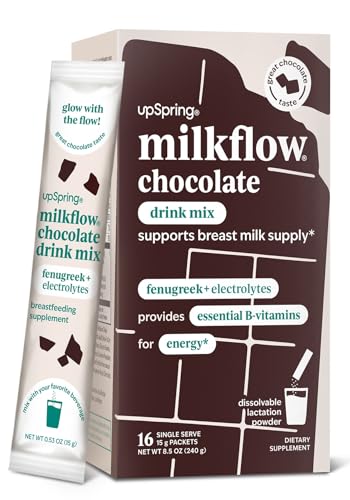 Image of UpSpring Milkflow Breastfeeding Supplement Drink Mix with Fenugreek and B Vitamins to Support Breast Milk Supply and Energy, Chocolate Flavor, 16 Drink Mixes