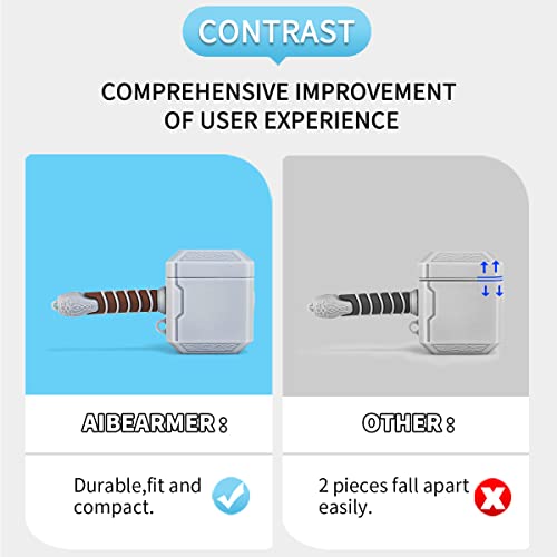 Aibeamer Earphone Accessories For Hammer Air Pod 2/1 Case With Keychain, 3D Anime Cute Silicone Cover Fashion Cool Protective Skin Compatible Airpods 2/1 Lanyard Ear Hook For Kids Boys- Thor Hammer #TOP6