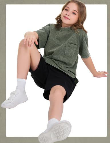 Image of COZYPOIN Unisex Kids Vintage Acid Wash Cotton Tees Crew Neck 3-16Y | 100% Cotton Boys Oversized T Shirt, Crew Neck, Short Sleeve, Front Pocket, Vintage Acid Washed Kids Tees for Boys Girls