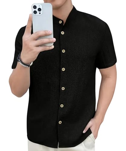 Image of Men's Solid Textured Half Sleeve Shirt with Stylish Buttons | Band Collar Casual Shirt for Summer Wear