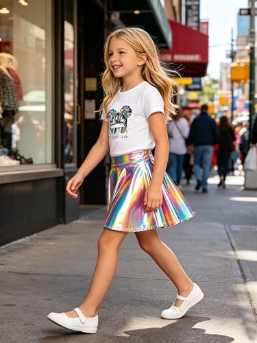 Image of Betusline Girls 2 Piece Outfits Short Sleeve Crop Top and Metallic Skater Skirt Set for Kids Dance Party Tennis, 4-14Y
