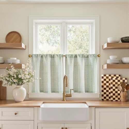 jinchan Striped Linen Kitchen Curtains 20 Inches Length Tier Curtains Farmhouse Modern Cafe Style Small Window Treatments Airy Light Filtering Rod Pocket for Living Room Bathroom 2 Panels Sage Green