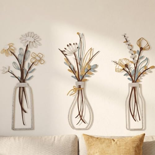 AMAATE Metal Flower Vase Wall Art, Pastel Yellow & Blue, 6.7" x 15"