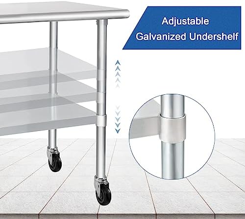 Vista 7 de HARDURA Mesa de acero inoxidable con ruedas de 24 x 48 pulgadas, ruedas NSF Mesa de trabajo y preparación comercial resistente con estante inferior