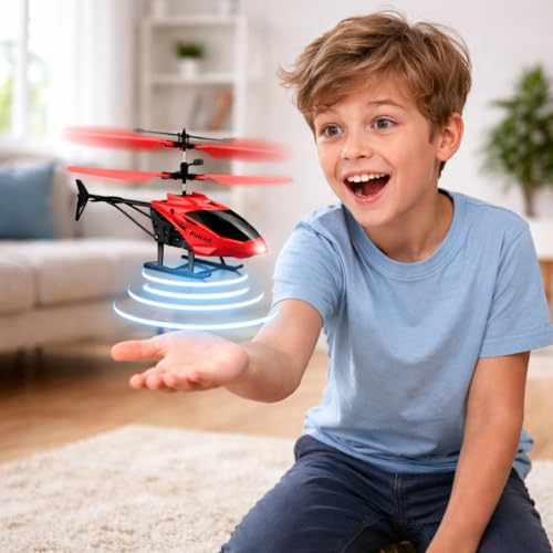 Image of KIDZYMON RC Helicopter with Hand Gravity Sensor, Flying Remote Control Toy, Rechargeable with 3D Light & Safety Sensor for Kids Age 4+ Years, Pack of 1, Cherry Red Colour