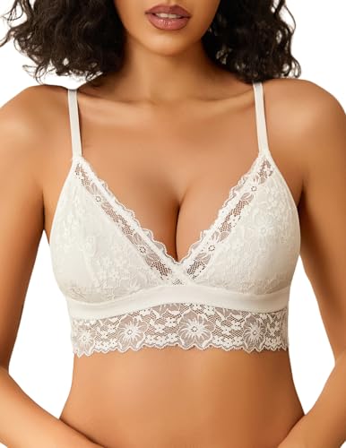 Avidlove Damen Spitze BH Sexy Everyday Bra Ohne Bügel BHS Mesh Bralette V-Ausschnitt Bustier Spaghetti Minimizer Bras Klassische Komfort Unterwäsche Weiß M