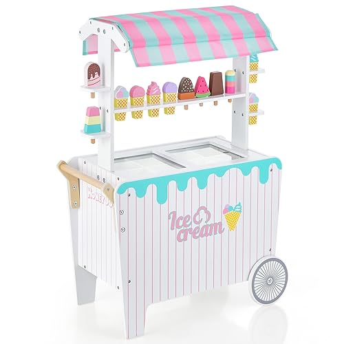COSTWAY Eiswagen Kinder mit 12 Eiscreme Eisdiele Holz mit 2 Rädern Schiebegriff & Baldachin Eisladen mit Stauraum & Ablagefläche Kaufladen für Kinder ab 3 Jahren