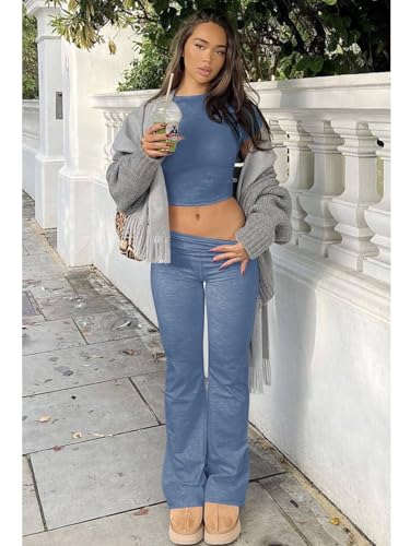 Image of ZFLM Casual Workout Two Piece Outfits for Women Short Sleeve Crop High Waist Foldover Flare Pants Tracksuit Sets Streetwear