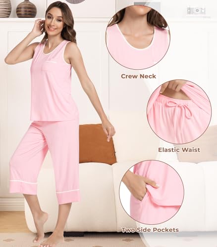 Image of NACHILA Pajamas Set for Women-Viscose Made from Bamboo, Tank Top with Capri Pants Pajama Cool Sleepwear Sleeveless Pjs