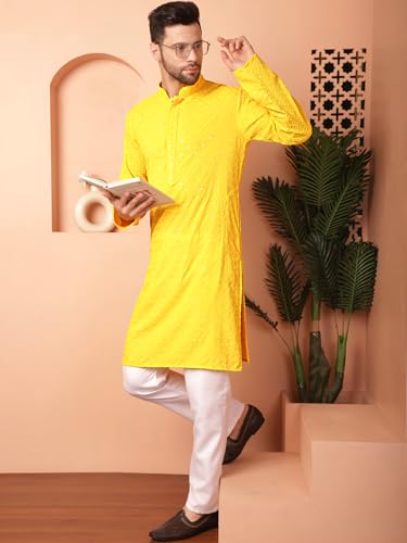 Image of Jompers Men's Yellow Embroidered and Sequence Kurta with Pyjama (Yellow, S)
