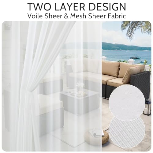 KYMRose Outdoor Sheer Curtains for Patio - 2 Layer Waterproof Voile Sheer and Breathable Mesh Net Privacy Added Light Filtering Curtain for Porch Yard Pergola, 2 Panels White 52W x 108L Inch - Image 5