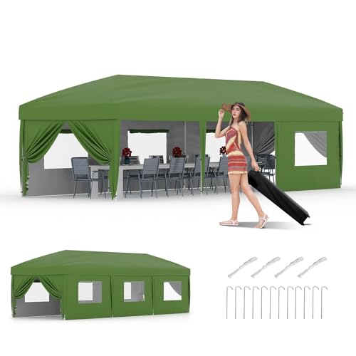 10x30 Pop-Up Awning with 8 Sidewalls - Heavy Duty Outdoor Awning Tent with Portable Rolling Bag - 3 Adjustable Height, 8 Weight Bags, 8 Stakes and 6 Drawstrings, Green