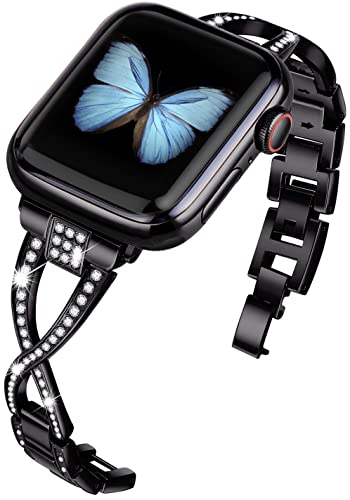 JFdragon for Apple Watch Band 42mm 44mm 45mm 46mm 49mm Women Series11 10 9 8 7 6 5 4 SE iwatch Bands Bling Metal Bracelet Dressy Fancy Cute Strap Black