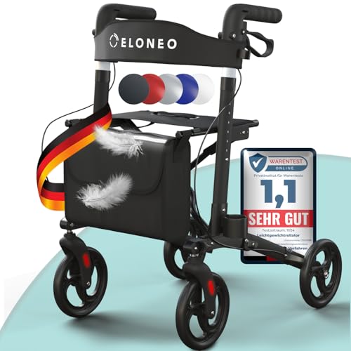 ELONEO Rollator faltbar und leicht mit Sitz, Leichtgewicht-Reiserollator aus Aluminium, Gehhilfe 8-fach höhenverstellbar, Laufhilfe 3-fach faltbar für Kofferraum, Tasche & Schirmhalter Schwarz ELONEO Rollator faltbar und leicht mit Sitz, Leichtgewicht-Reiserollator aus Aluminium, Gehhilfe 8-fach höhenverstellbar, Laufhilfe 3-fach faltbar für Kofferraum, Tasche & Schirmhalter Schwarz