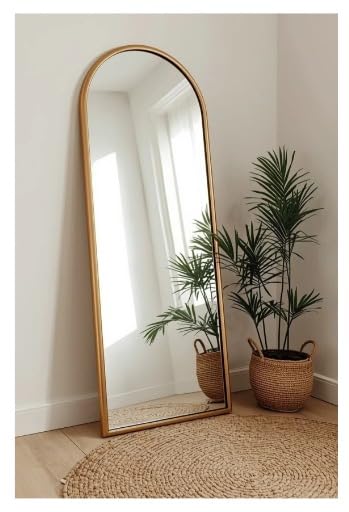 Image of HD Glass Metal Floor Mirror with Stand for Living Room, Full-Length Mirror for Bedroom, Standing Mirror, Glam Gold, 18W x 60L Shape Abstract