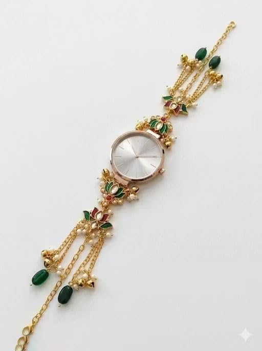 Image of Women's Rose Gold Bracelet Watch with Green Enamel Floral Charm, Pearl Accents, Tassel Chain