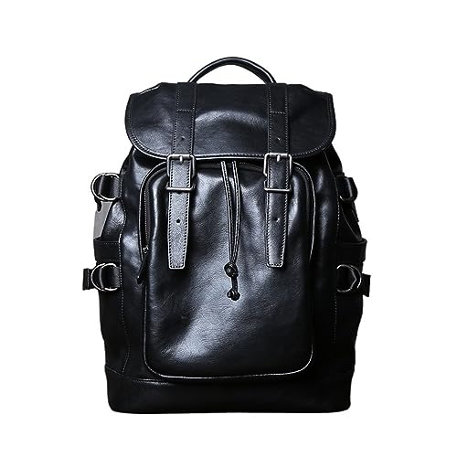 Sac à dos en cuir véritable hommes noir ordinateur grande capacité