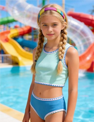 Image of Girls Bathing Suit Toddler Swimsuits 2 Piece Bikini Sets Round Neck Colorful Lace Teen Girls Swimwear 3-14T