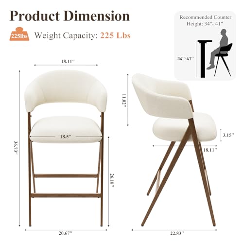 Image of Bar Stools Set of 2, Counter Height BarStools with Back, Modern Upholstered Island Stools with Metal Legs for Kitchen Counter, Dining Room, Beige