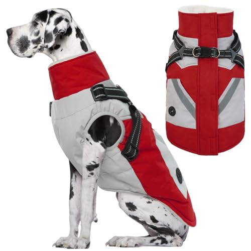 IECOii Large Dog Coat with Harness Built in,Reflective Waterproof Dog Coat for Giant Breeds - Zip Up Fleece Jacket for Dogs,Great Dane Winter Coats Wa