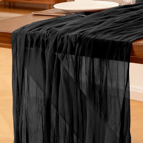 Käsetuch Tischläufer Schwarz, 300 x 90 cm Boho Gaze Tischläufer...