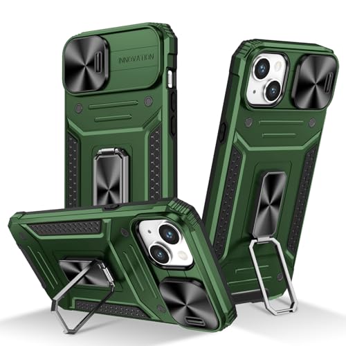 iPhone 14 Plus�P�[�X�ƌ݊���������A�X���C�h�J�����J�o�[�t���A���^�������O�L�b�N�X�^���h�R�p�O���[�h�̑ϏՌ����n�[�hPC���ϋv�ی�P�[�XiPhone Plus�p(Dark green)