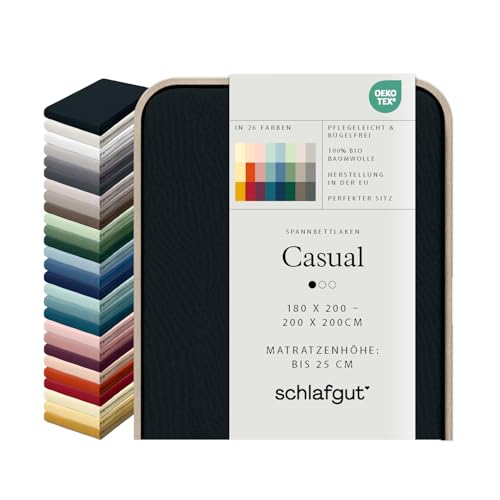 schlafgut Casual Spannbettlaken 100% Bio Baumwolle Made in Green by Oeko TEX (180x200cm bis 200x200cm Matratzenhöhe bis 25cm, Off-Black)