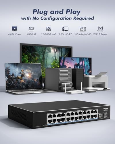 Image of 24-Port 2.5G Network Switch+2x10G SFP, 24x 2.5G Base-T Ethernet Unmanaged Switch, 24 Ports Switch Compatible with 10 /100 /1000 /2500M, 160Gbps Switching Capacity, Fanless, 19-inch Rack Mount