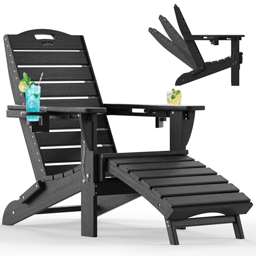Ciokea Folding Adirondack Chair with Retractable Ottoman Fire Pit Patio Chair with Pull Out Foot Rest Weather Resistant Lawn Outdoor Lounge Chair with 2 Cup Holder (Black)