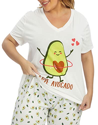 Image of Vozanet Women's Pajamas Set Soft V Neck Sleepwear Top and Capri Pj Lounge Sets Cartoon Heart Shape Cat Nighty Plus Size