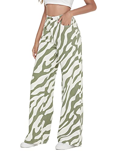 Makemechic Women's Zebra Striped High Waist Wide Leg Jeans Y2K Long Denim Pants Green S #TOP2