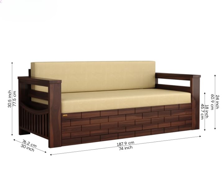 Image of Sheesham Wooden Sofa Cum Bed for Living Room with Side Pocket Storage - 3 Seater Sofa Cum Bed with Storage - 3 Person Sofa Cuma Bed Wooden with Premium Cushion Seating (Walnut)