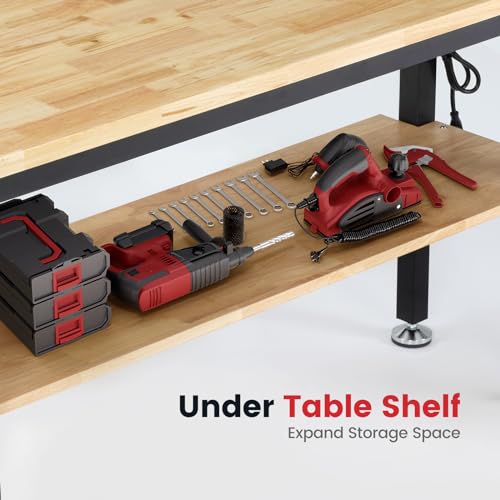 Work Table for Garage 60 Inch Workbench with Storage Adjustable Height Rubber Wood Tabletop Work Bench with Power Outlets Pegboard Pad for Cutting Wood Shop Woodworking Home Office
