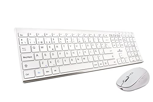 BlueElement - Pack de Teclado y ratón inalámbricos GRAPHEME - Inalámbrico con Smart Dongle - Clics silenciosos - Diseño Ultra Delgado - Ergonómico - Recargable - Blanco - Layout Español - Incluye Ñ