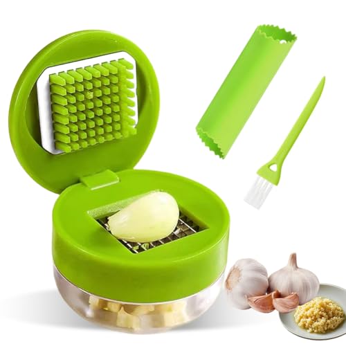 Knoblauchpresse Set, Knoblauchschneider, mit Silikon-Knoblauchschäler und Reinigungsbürste, Edelstahlklingen in Lebensmittelqualität, Knoblauch Zerkleinerer Set – Für Knoblauch, Ingwer & Obst