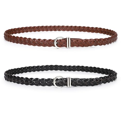 2 Pack Women's Leather Braided Skinny Belts Woven Thin Waist Belts for Jeans Pants Dresses, K-black+brown-silver Buckle