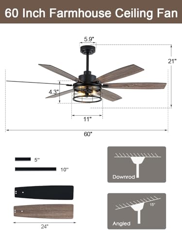 Image of 60 Inch Farmhouse Ceiling Fan with Lights and Remote Large Rustic Ceiling Fan Caged Fandelier Chandelier, 6 Dual Blades Reversible Quiet DC Motor 3CCT 6 Speed for Living Room Indoor Outdoor