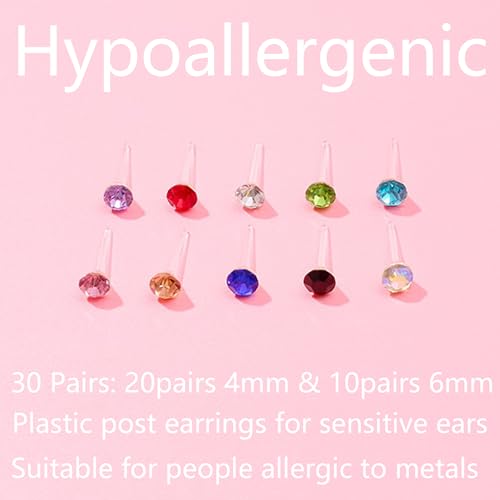 30 Pairs CZ Plastic Post Earrings for Girls - Hypoallergenic Stud Earrings for Sensitive Ears4