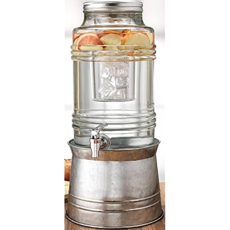 Circleware Breeze Glass Beverage Drink Dispenser with Stand Metal Base which Transforms to Metal Ice Bucket and Metal Lid + Fruit Infuser + Chrome Finished Spigot, HUGE 2.3 Gallons