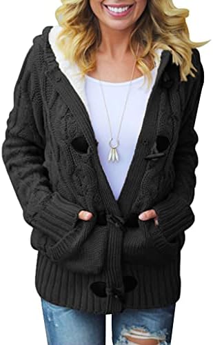 Sidefeel Women Button Up Cardigan Hooded Sweater Coat Outwear with Pockets Large Black