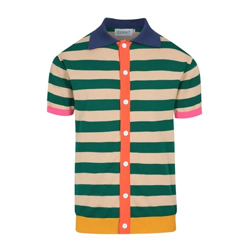 Men's Retro Stripes Knitted Polo Shirt, 1960s Mod Style Vintage Polo Cotton Shirt with Button