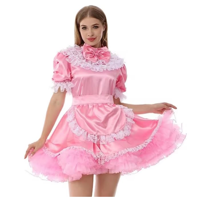 TTANYYUINGOU Vestido de satén fino rosa para niña, manga corta, forro blanco, personalización para juegos de rol, rosa, XL