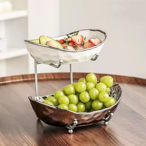 2-Tier Fruit Bowls for Kitchen Counter,Ceramic Bowl with Silver M...