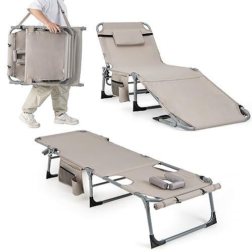 COSTWAY Sonnenliege mit Loch für Kopf und Arme, Faltbare Gartenliege mit Verstellbarer Rückenlehne und Fußteil, abnehmbarem Kissen, Seitentasche, Liegestuhl für Strand, Garten, Balkon (Sandfarben)